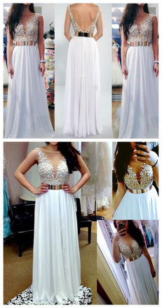 White V- Back Long Cheap Evening Party Long Prom Dresses, BG51230