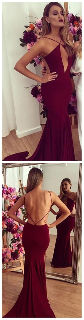 Backless Mermaid Burgundy Evening Sexy Long Prom Dresses, BG51192 - Bubble Gown