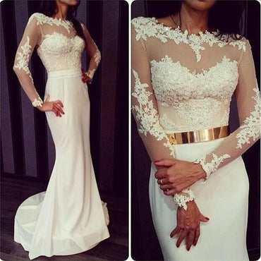White Long Sleeves Sexy Lace Open Back Prom Dresses, BG51156