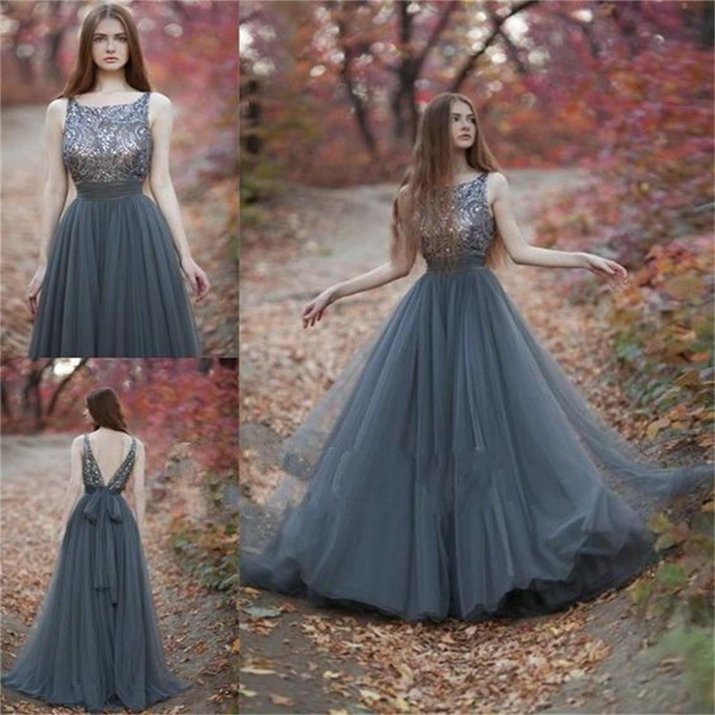 V-Back Gray Evening Cheap Long Prom Dress Ball Gown, BG51227