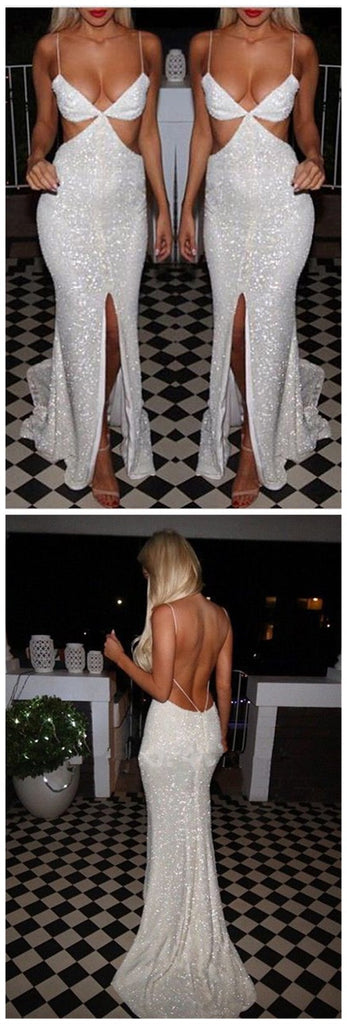 Side Slit Sequin White Backlless Sexy Bling Evening Prom Dress, BG51198