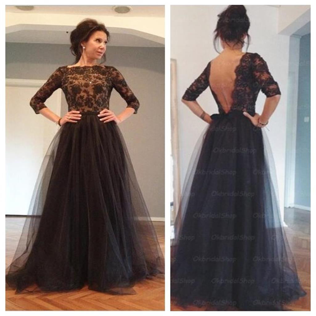 Elegant Black Long Sleeves Deep V Back Long Prom Dresses, BG51088 - Bubble Gown