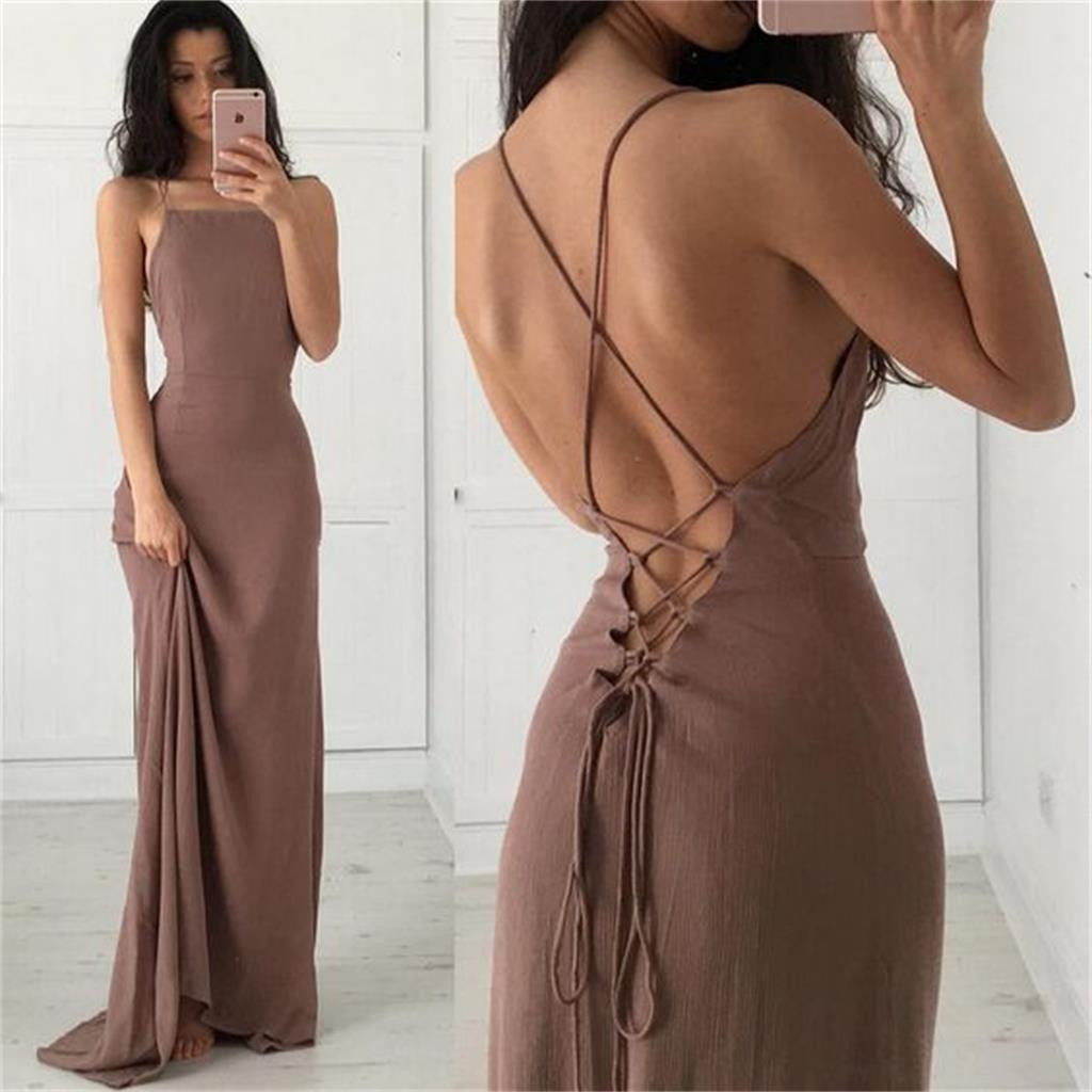 Spaghetti Straps Sexy Simple Backless Evening Long Prom Dress, BG51155