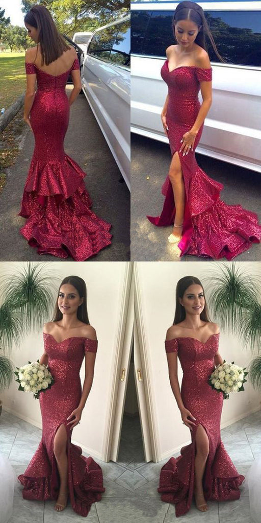 Red Sequin Off Shoulder Sparkle Mermaid Sexy Long Prom Dresses, BG51182