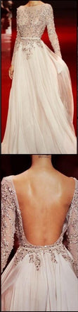 Long Sleeves Backless Evening Party Long Prom Dresses, BG51115 - Bubble Gown