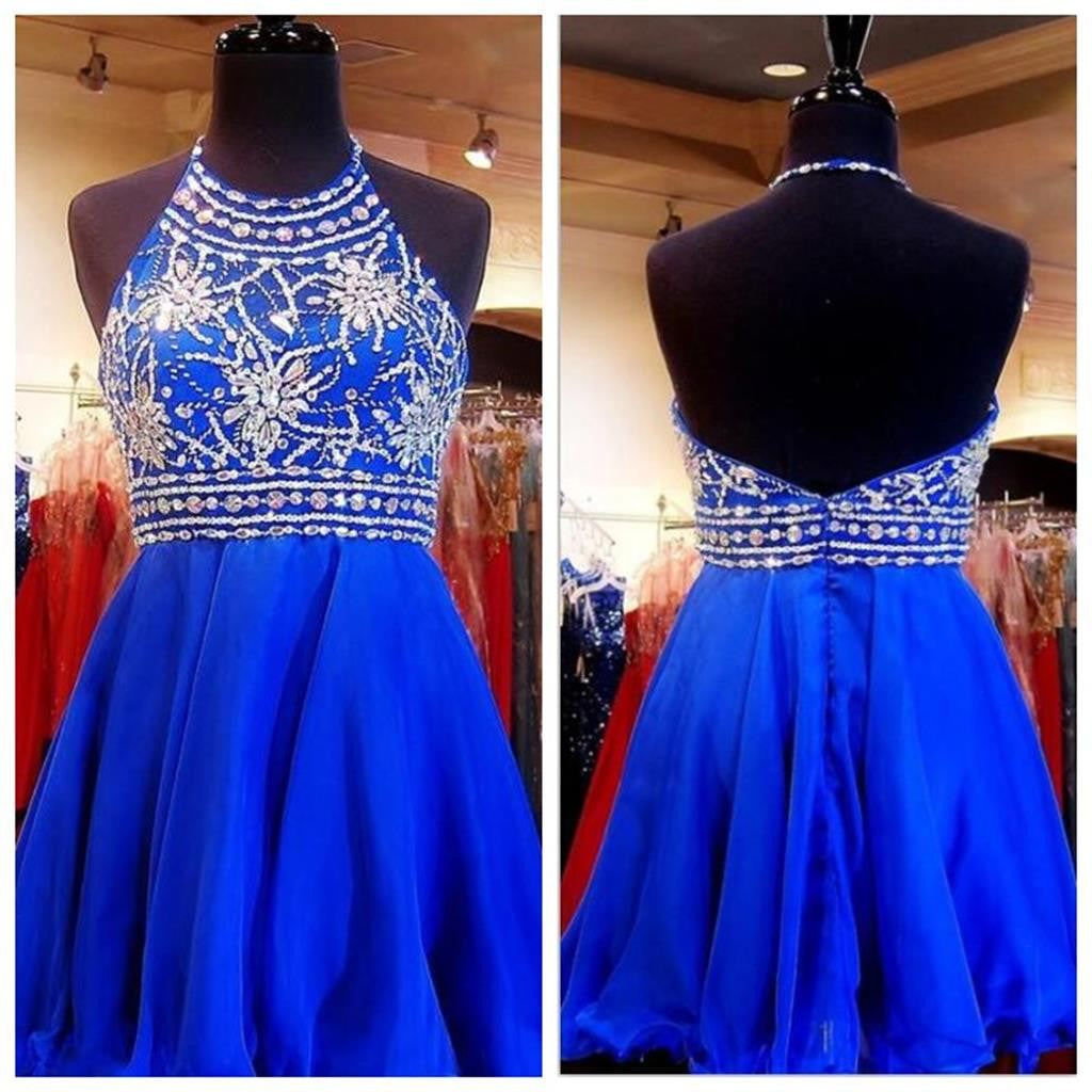 Beaded Royal Blue Short Halter Sweet 16 Cocktail Graduation Homecoming Dress, BG51414 - Bubble Gown