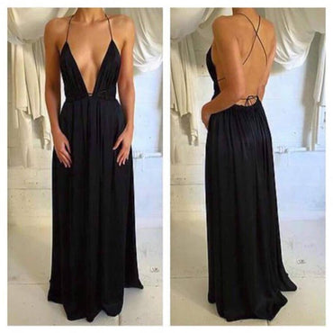 Backless Black Deep V Neck Sexy Simple Evening Long Party Prom Dress, BG51200 - Bubble Gown
