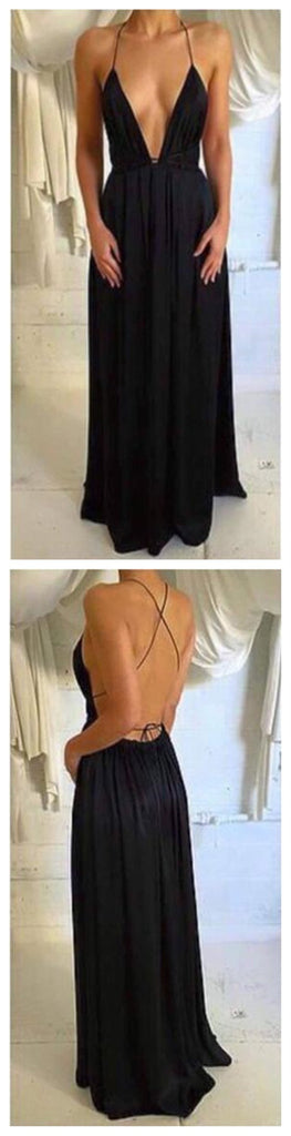 Backless Black Deep V Neck Sexy Simple Evening Long Party Prom Dress, BG51200 - Bubble Gown