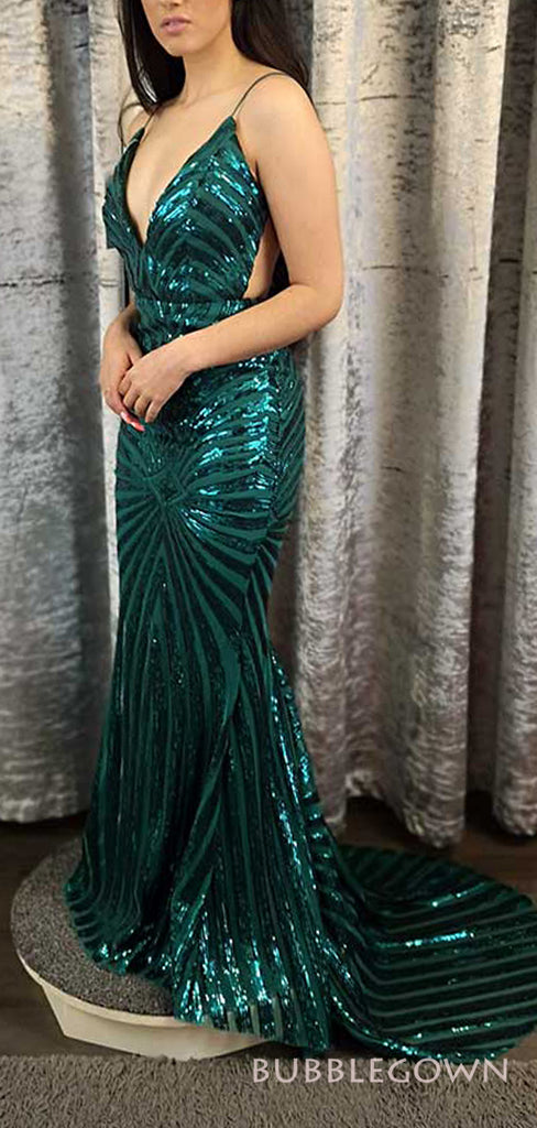 Sexy Backless Mermaid Spakly Spaghetti Straps Long Evening Prom Dresses, Custom Prom Dresses, BGS0005