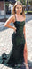 Simple Spaghetti Straps Dark Green Sequins Mermaid Long Evening Prom Dresses, Custom Side Slit Prom Dresses, BGS0009