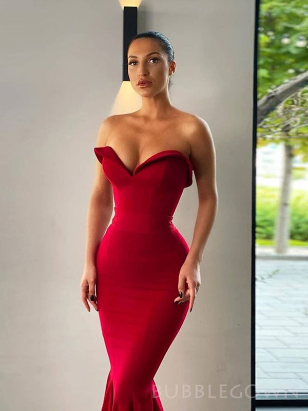 Mermaid Red Satin Sweet Heart Long Evening Prom Dresses, Custom Prom Dresses, BGS0015