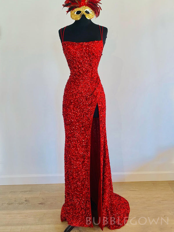 Mermaid Red Sequin Spaghetti Straps Long Evening Prom Dresses, Custom Prom Dresses, BGS0016