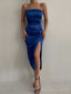 Royal Blue Satin Spaghetti Straps Side Slit Long Evening Prom Dresses, Custom Prom Dresses, BGS0020