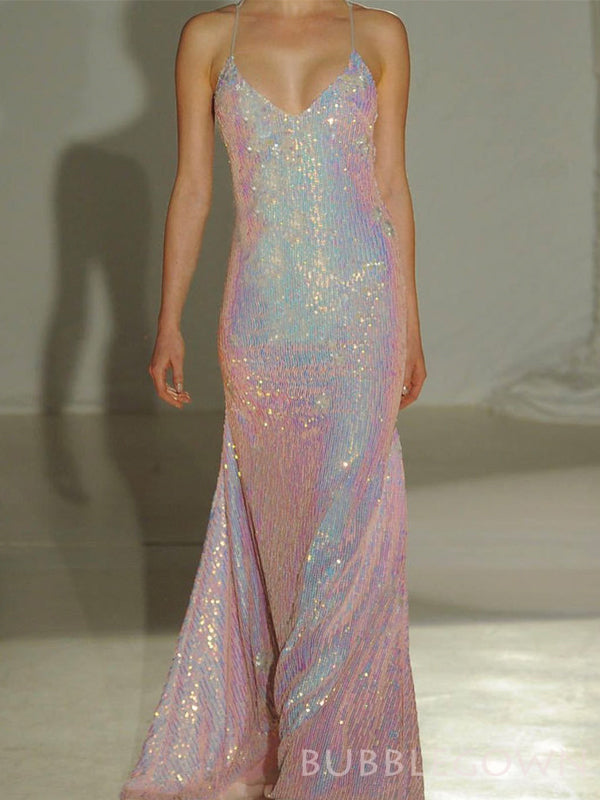 Simple Mermaid Spaghetti Straps Sequins Long Evening Prom Dresses, Custom Prom Dresses, BGS0027