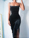 Sheath Black Velvet Spaghetti Straps Mermaid Long Evening Prom Dresses, Custom High Slit Prom Dresses, BGS0029