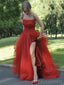 Red Tulle Strapless A-line Long Evening Prom Dresses, Custom Side Slit Prom Dresses, BGS0038