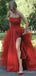 Red Tulle Strapless A-line Long Evening Prom Dresses, Custom Side Slit Prom Dresses, BGS0038