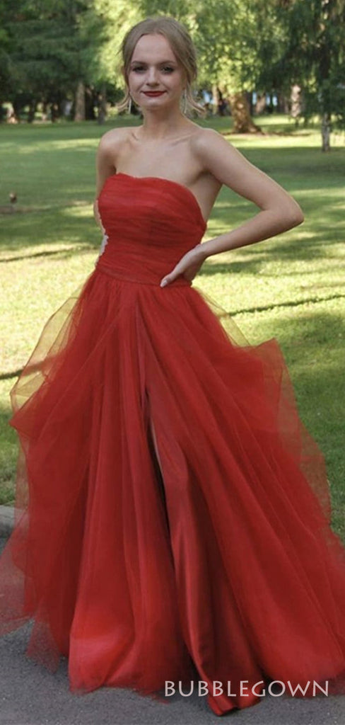 Red Tulle Strapless A-line Long Evening Prom Dresses, Custom Side Slit Prom Dresses, BGS0038