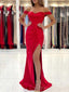 Simple Off Shoulder Red Satin Mermaid Long Evening Prom Dresses, Custom Side Slit Prom Dresses, BGS0040