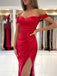 Simple Off Shoulder Red Satin Mermaid Long Evening Prom Dresses, Custom Side Slit Prom Dresses, BGS0040