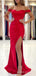 Simple Off Shoulder Red Satin Mermaid Long Evening Prom Dresses, Custom Side Slit Prom Dresses, BGS0040