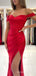 Simple Off Shoulder Red Satin Mermaid Long Evening Prom Dresses, Custom Side Slit Prom Dresses, BGS0040