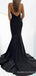 Mermaid Spaghetti Straps Black Long Evening Prom Dresses, Custom Side Slit Prom Dresses, BGS0043