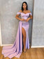 Off Shoulder Satin Long Evening Prom Dresses, Custom Side Slit Prom Dresses, BGS0044