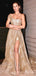 A-line One Shoulder Gold Sparkly Long Evening Prom Dresses, Custom Side Slit Prom Dresses, BGS0045