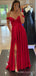 A-line Red Satin Off Shoulder Long Evening Prom Dresses, Custom Side Slit Prom Dresses, BGS0046