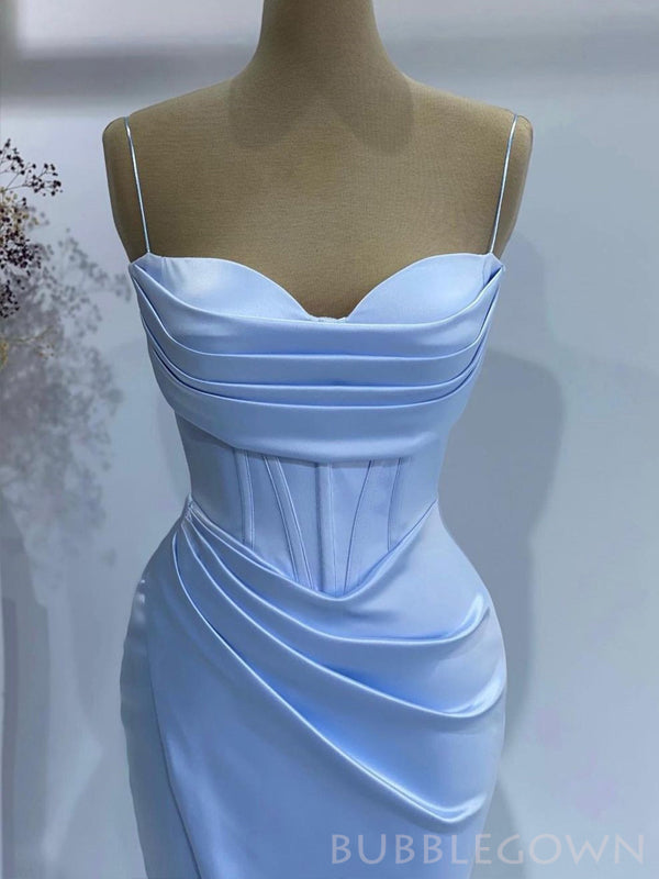 Spaghetti Straps Sky Blue Satin Mermaid Long Evening Prom Dresses, Custom Side Slit Prom Dresses, BGS0049