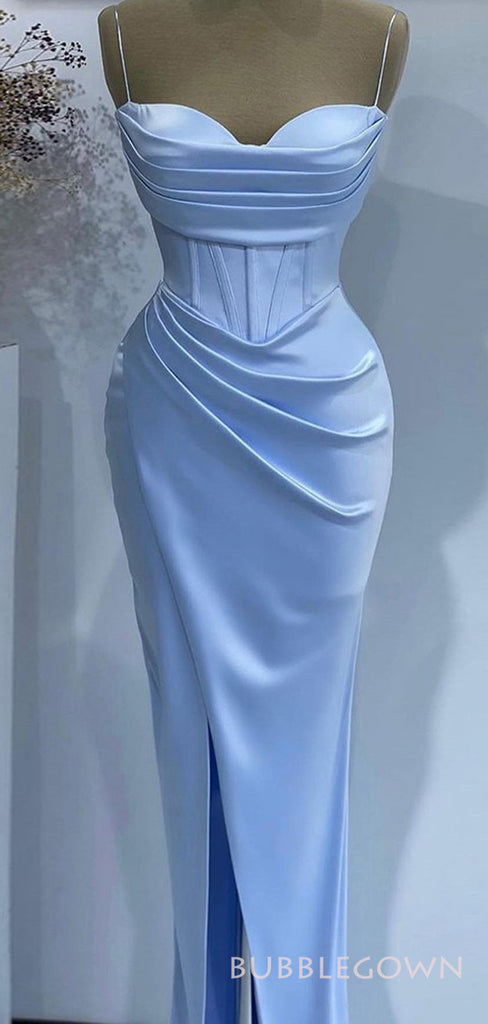 Spaghetti Straps Sky Blue Satin Mermaid Long Evening Prom Dresses, Custom Side Slit Prom Dresses, BGS0049