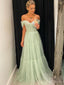 A-line SageTulle Off Shoulder Long Evening Prom Dresses, Custom Prom Dresses, BGS0054