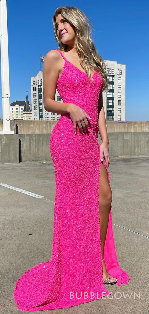 V-neck Spaghetti Straps Hot Pink Sequins Mermaid Long Evening Prom Dresses, Custom Prom Dresses, BGS0058