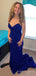 Simple Strapless Royal Blue Sequins Mermaid Long Evening Prom Dresses, Custom Prom Dress, BGS0061