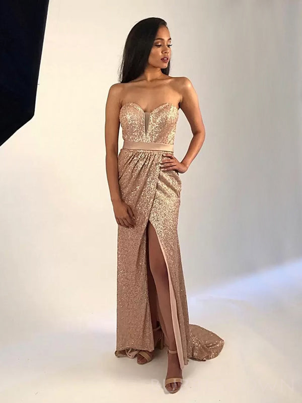 Sweet Heart Gold Sequins Strapless Long Evening Prom Dresses, Custom Prom Dress, BGS0063