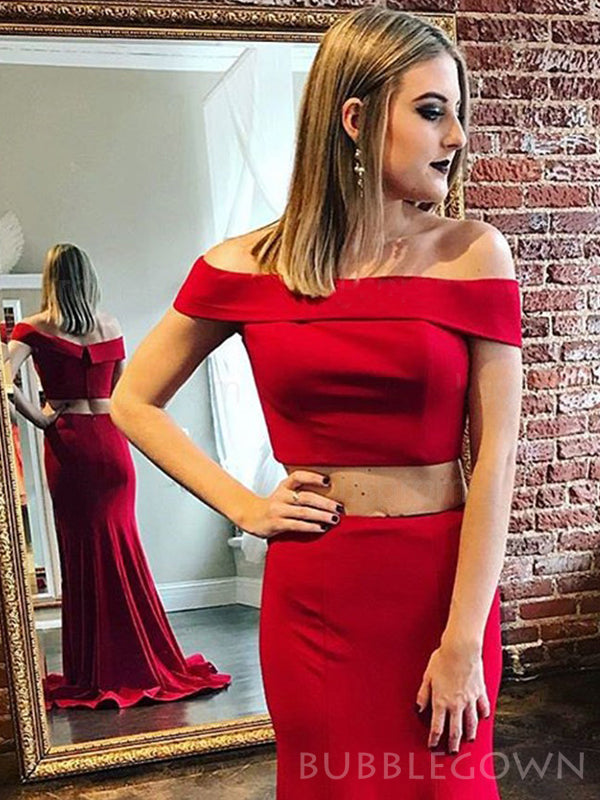 Mermaid Red Satin Two Pieces Long Evening Prom Dresses, Custom Off Shoulder Prom Dress, BGS0064