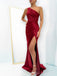 One Shoulder Red Satin Mermaid Long Evening Prom Dresses, Custom High Slit Prom Dress, BGS0077