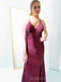 Spaghetti Straps Mermaid Burgundy Sequins Long Evening Prom Dresses, Custom Side Slit Prom Dress, BGS0080