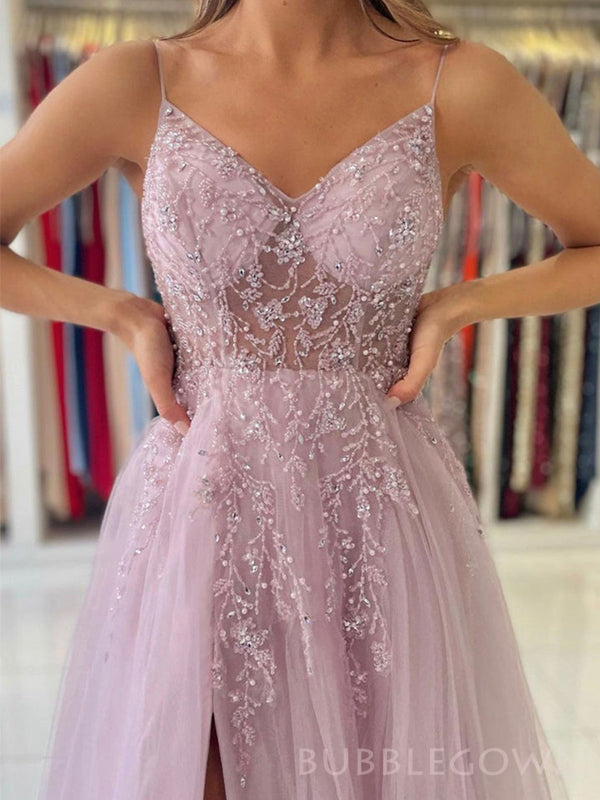 A-line Tulle Beaded Sapghetti Straps Long Evening Prom Dresses, Custom Prom Dress, BGS0085