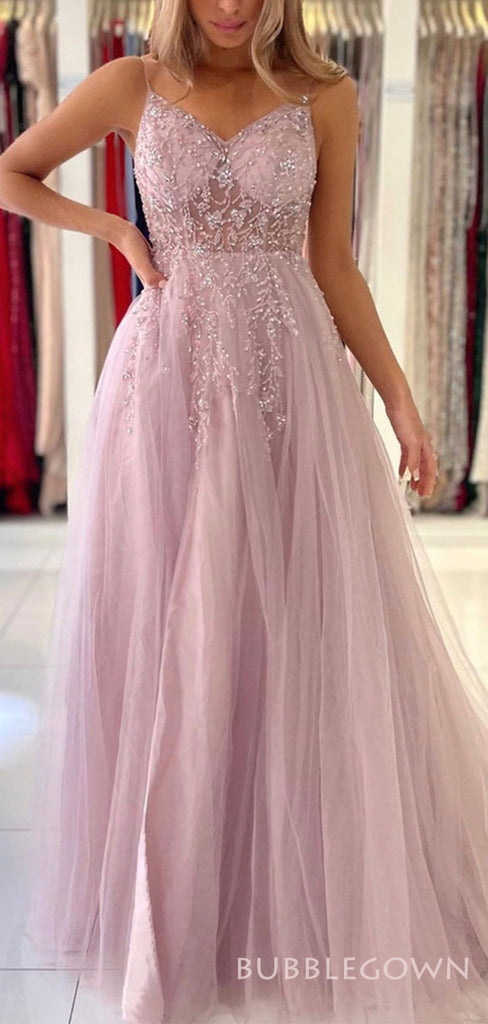 A-line Tulle Beaded Sapghetti Straps Long Evening Prom Dresses, Custom Prom Dress, BGS0085