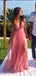 Deep V-neck Tulle A-line Long Evening Prom Dresses, Custom Prom Dress, BGS0090