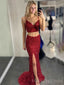 Two Pieces Mermaid Red Sequins Spaghetti Straps Long Evening Prom Dresses, Custom Side Slit Prom Dress, BGS0091