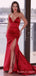 Red Satin Mermaid Strapless Long Evening Prom Dresses, Custom Side Slit Prom Dress, BGS0094