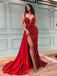 Mermaid Red Sequins High Slit Long Evening Prom Dresses, Custom V-neck Prom Dress, BGS0095