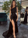 Black Satin Mermaid Strapless Long Evening Prom Dresses, Custom High Slit Prom Dress, BGS0103