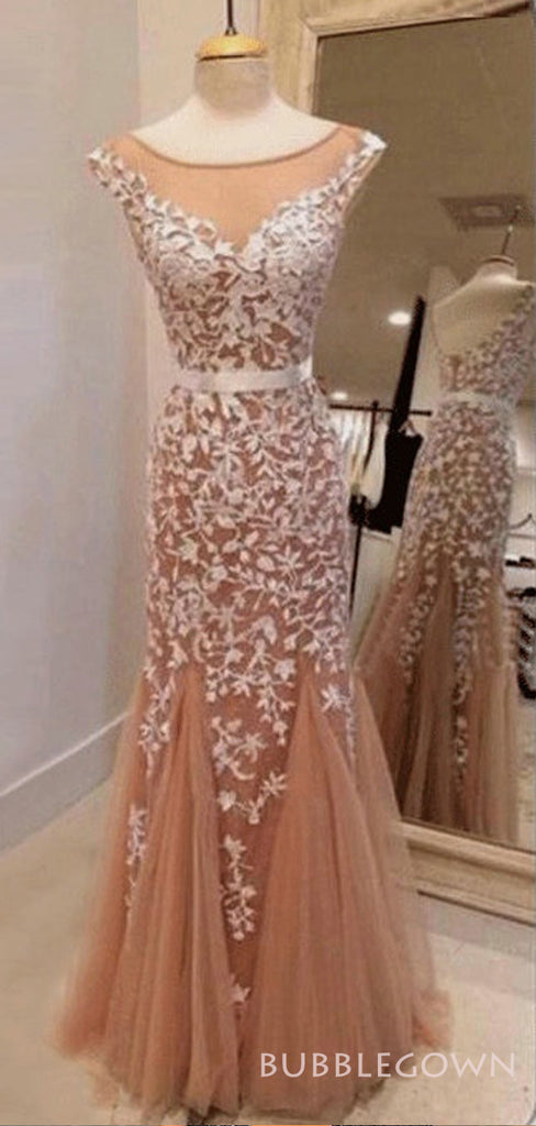 Mermaid Tulle Appliques Long Evening Prom Dresses, Custom Bateau Prom Dress, BGS0105