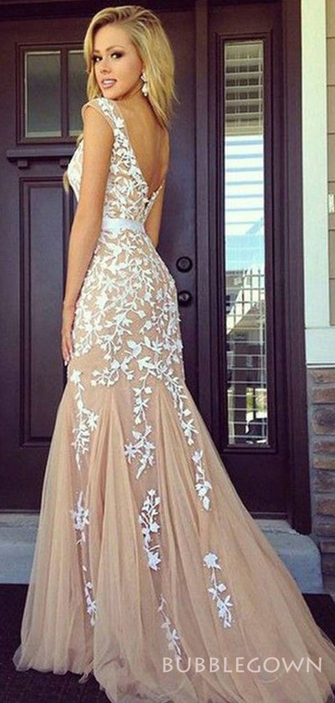 Mermaid Tulle Appliques Long Evening Prom Dresses, Custom Bateau Prom Dress, BGS0105