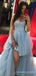 A-line Blue Tulle Strapless Long Evening Prom Dresses, Custom High Slit Prom Dress, BGS01009