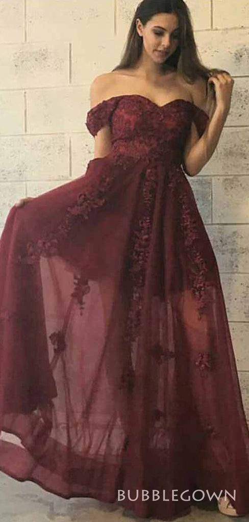 A-line Burgundy Tulle Appliques Long Evening Prom Dresses, Custom Off Shoulder Prom Dress, BGS0110